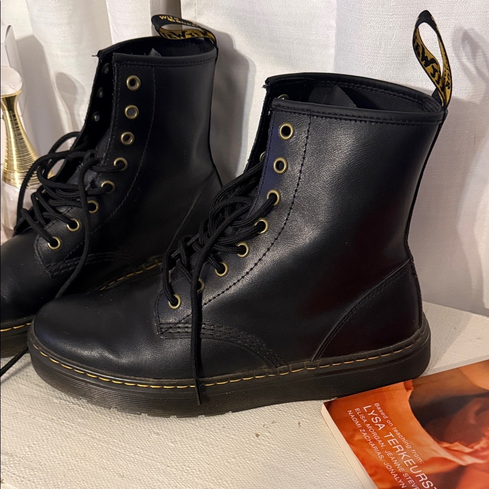 Dr. Martens Black Leather Boots with Gold Eyelets